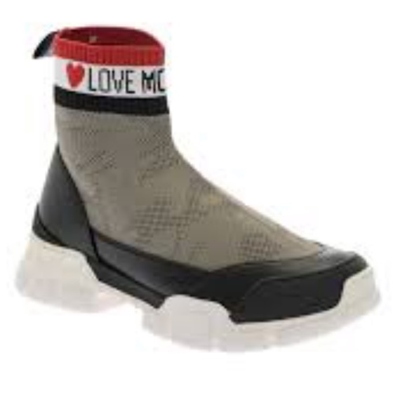 LOVE MOSCHINO Jacquard knit-paneled faux leather high-top sneakers US9 IT39 - Picture 1 of 10